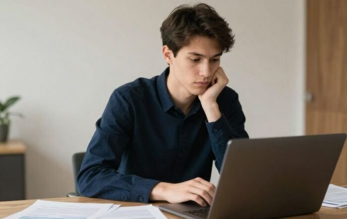 Person planning paperwork at a laptop
