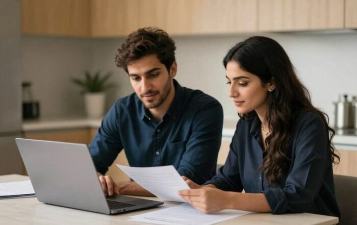Couple planning a move with laptop and documents