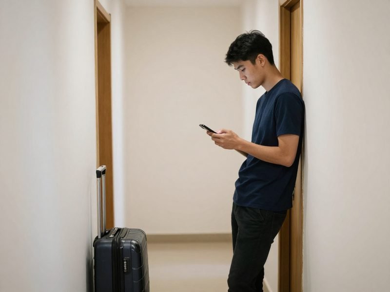 Traveler waiting with suitcase and phone