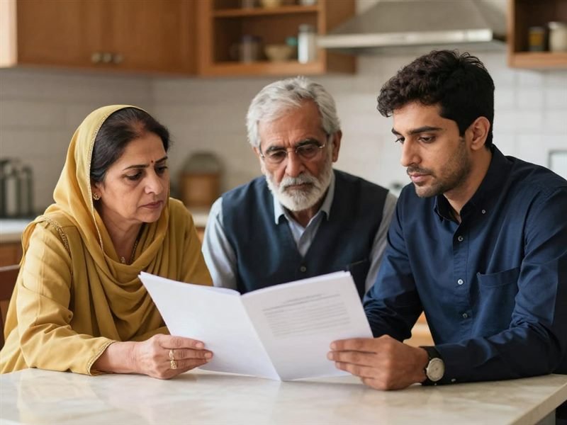 A family talking over a large payment before agreeing to it