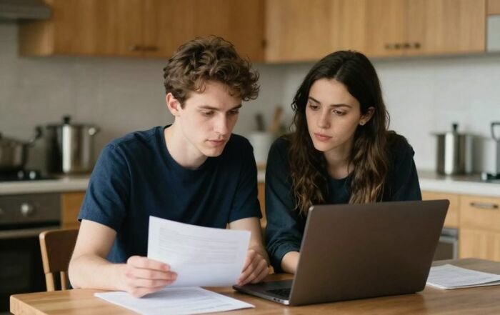 Couple reviewing paperwork at a kitchen table
