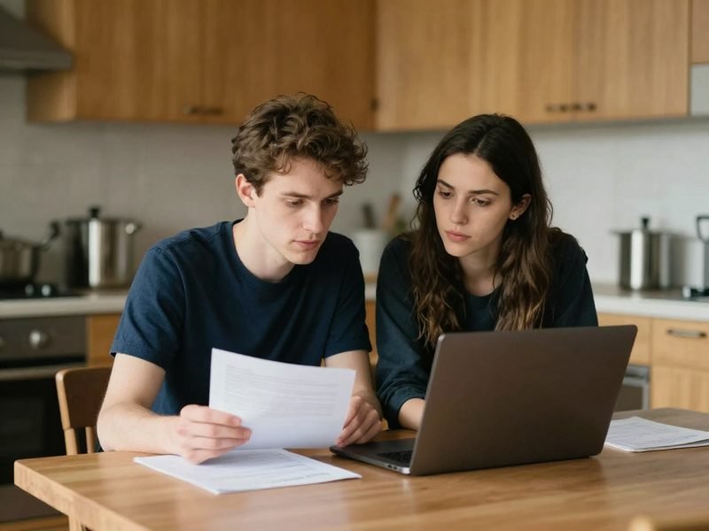 Couple reviewing paperwork at a kitchen table