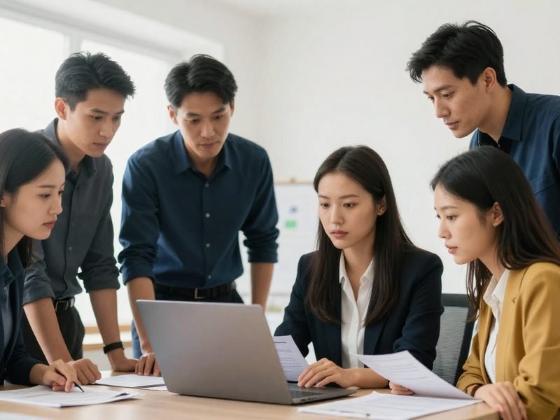 Coworkers planning at a laptop