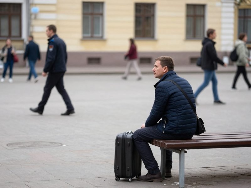 Traveler waiting on a city bench