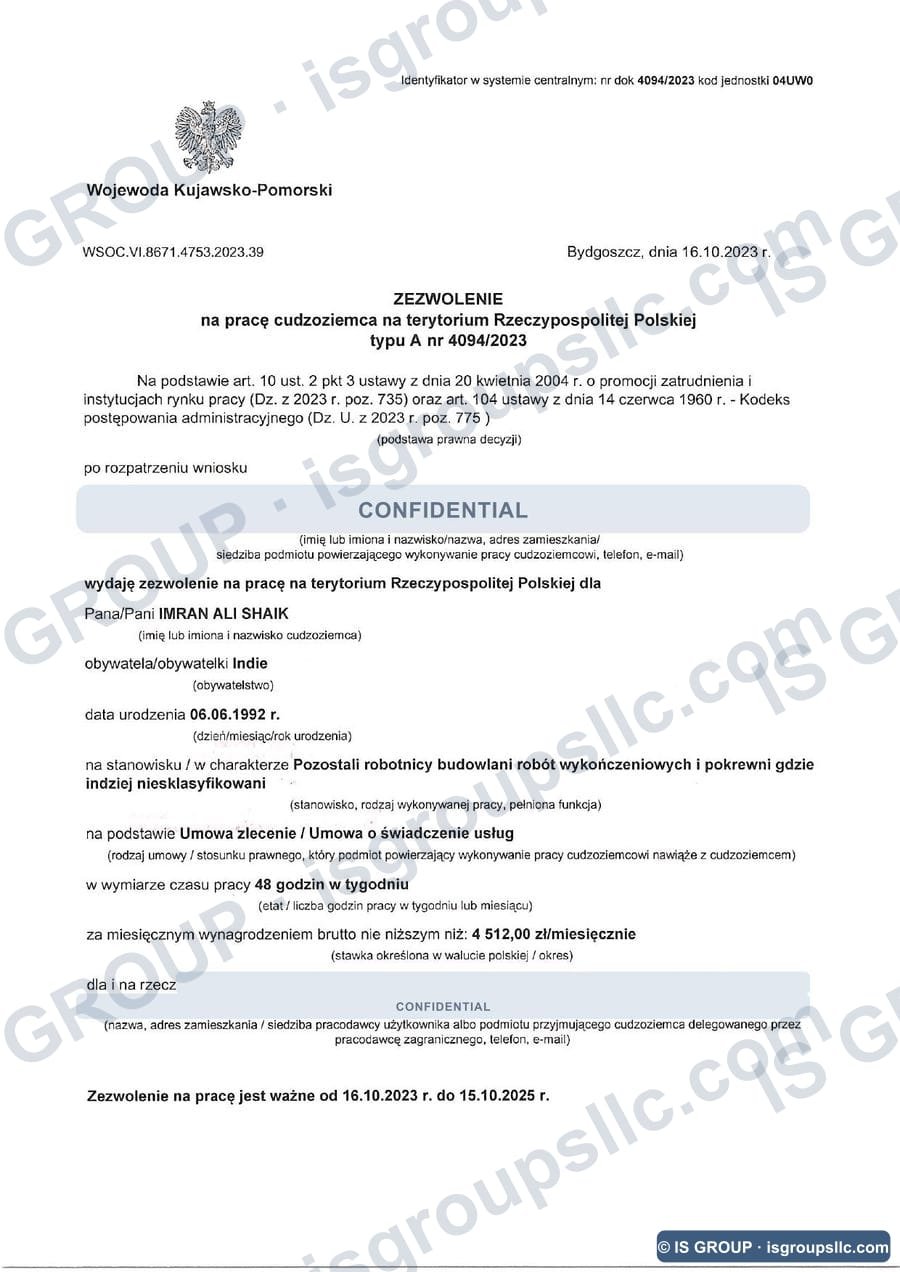 Polish work permit obtained by IS Group, document 06