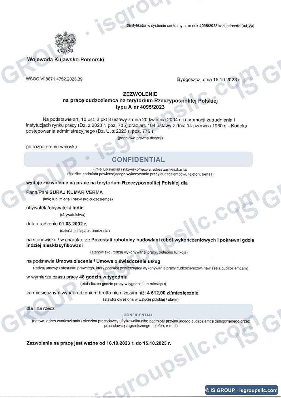 Polish work permit obtained by IS Group, document 07