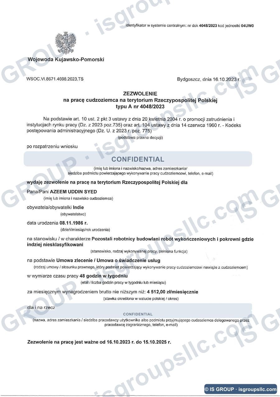 Polish work permit obtained by IS Group, document 18